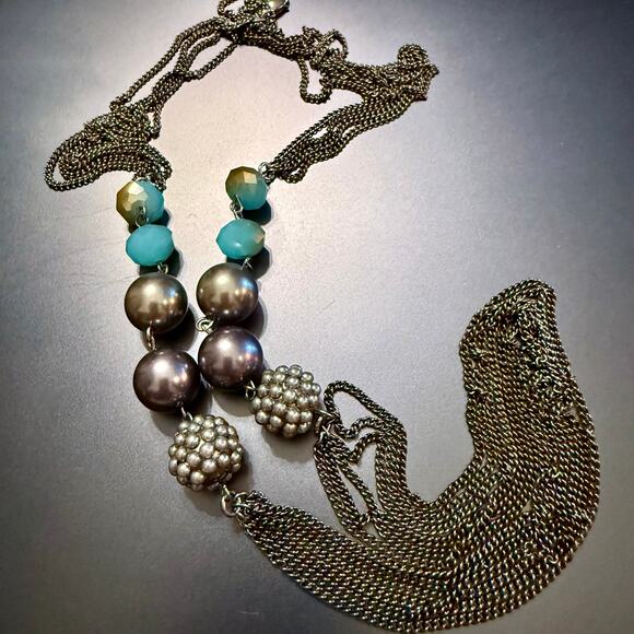 Roman Long Multi-Strand Gun Metal Blue Beaded Chain Necklace - Picture 4 of 7